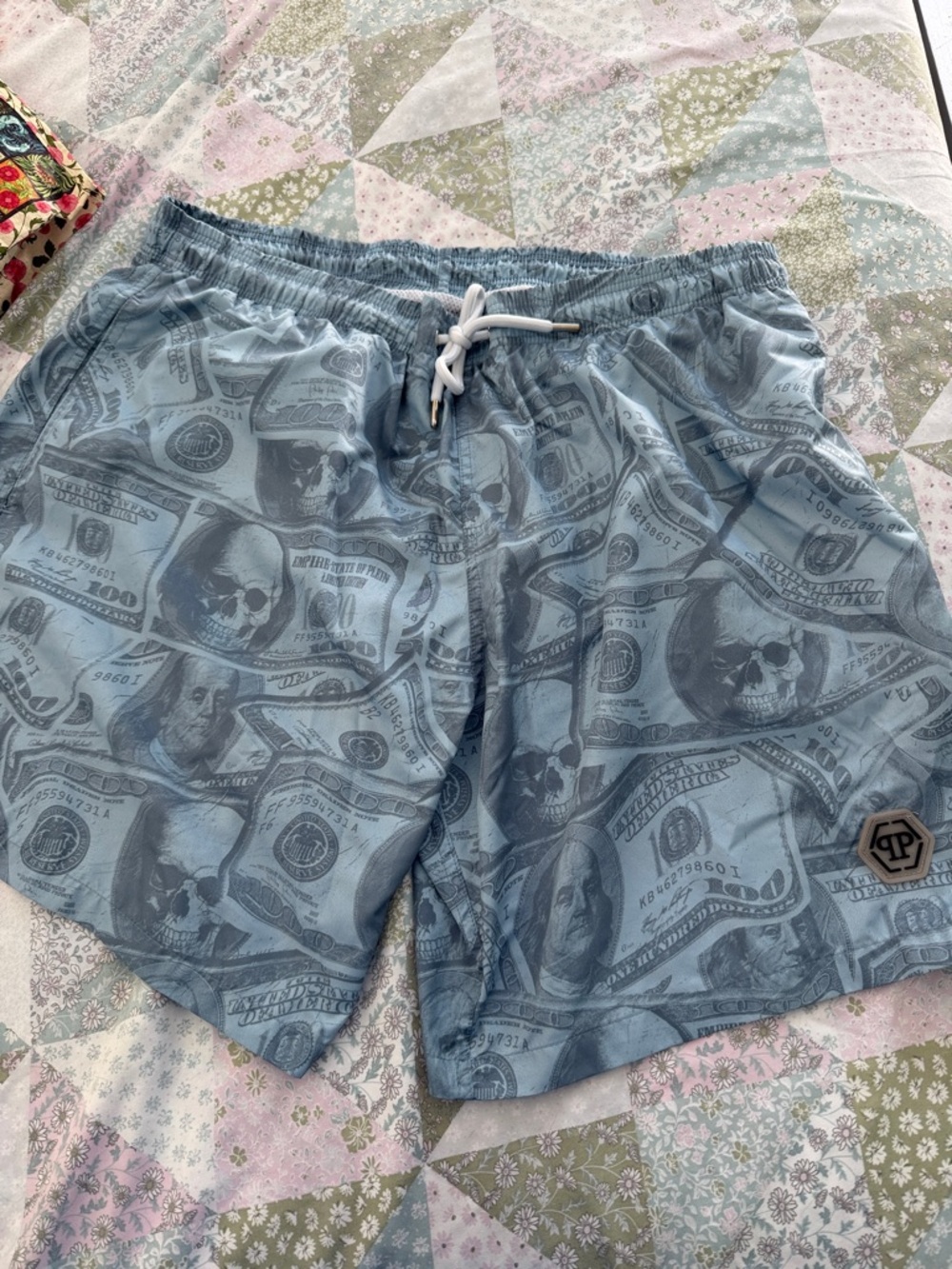 Philipp Plein Light Blue Money & Skull Print Swim Trunks